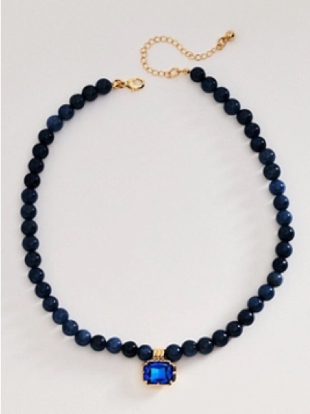 NWT Anthropologie Gold-Accented Navy Beaded Necklace with Blue Crystal Pendant